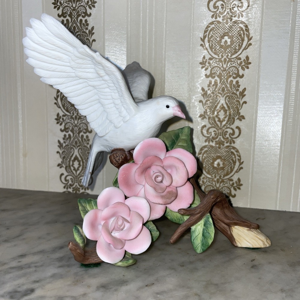 Vintage Porcelain Figurine | Single White Dove & Two Pink Roses | Elegant Core